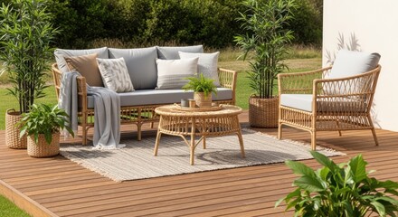 Fototapeta premium Outdoor patio furniture arrangement with sofa and chairs on wooden deck