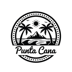 Vector illustration punta cana tropical beach scene with palm trees and mountains in a circular frame