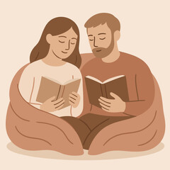 Fototapeta premium Couple reading together in a cozy position on a soft surface