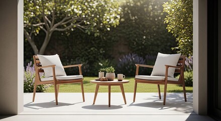 Obraz premium Outdoor patio scene with chairs and table lush greenery background and sunlight