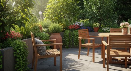 Obraz premium Outdoor patio scene with wooden furniture lush greenery and sunlight