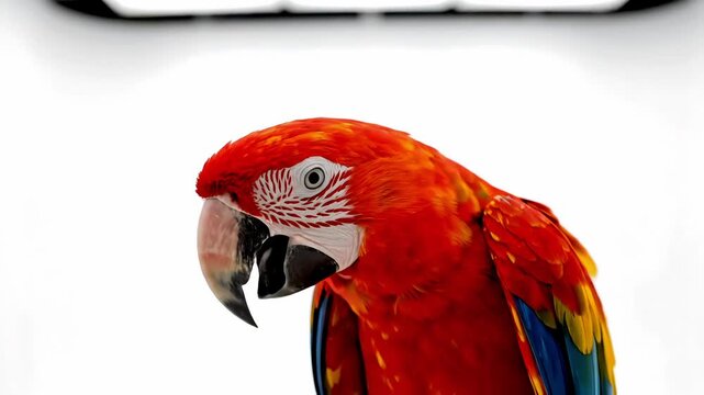 Vibrant red macaw parrot with colorful feathers on white background