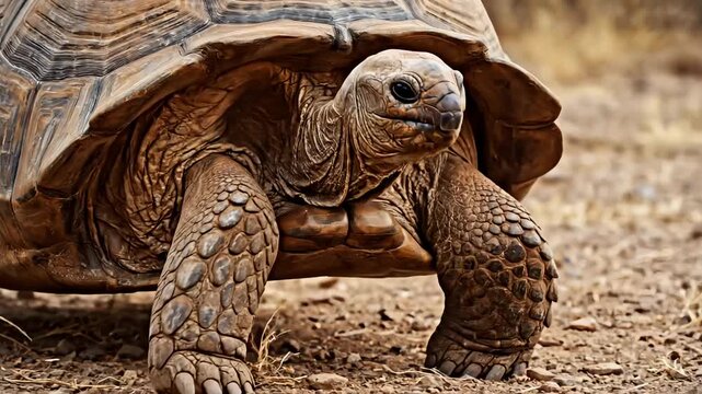 Giant tortoise walking on dry land with textured shell and scaly legs