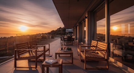 Fototapeta premium Outdoor patio with seating and sunset view creates a relaxing atmosphere