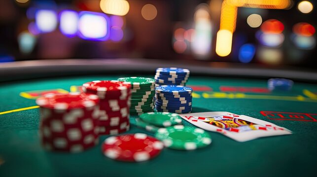 Colorful casino chips and playing cards on green felt table in vibrant gaming atmosphere, showcasing excitement and strategy of card games and gambling nights