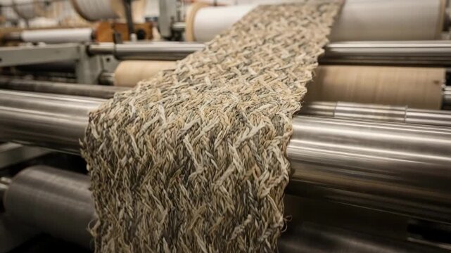 Medium shot capturing the herringbone tape manufacturing line focusing on the distinctive zigzag weave being crafted for heavyduty binding and fabric reinforcement.