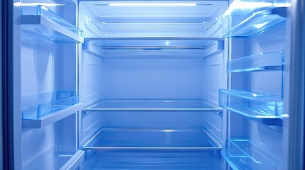 Empty modern refrigerator interior with clean shelves and interior light, showcasing fresh food storage options and spacious layout for everyday use in kitchens