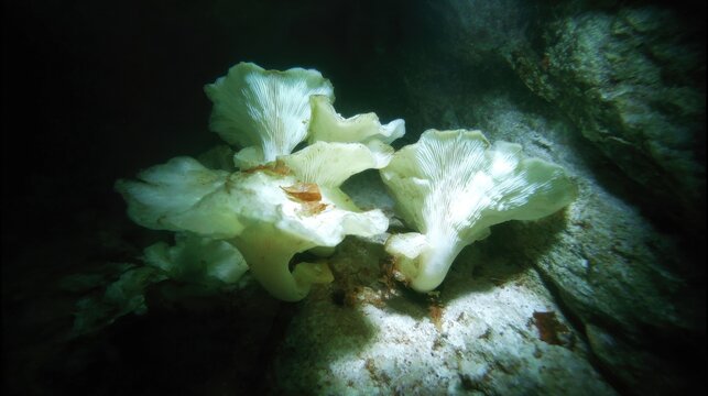 Delicate white oyster mushrooms grow on textured rock surface in dim, natural lighting