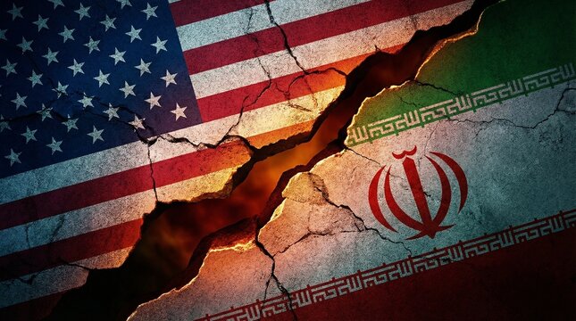 Cracked flags of the United States and Iran symbolizing political conflict and strained international relations.