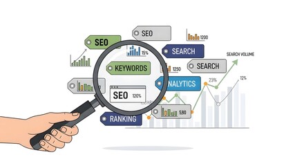 Hand holding magnifying glass over SEO and search analytics