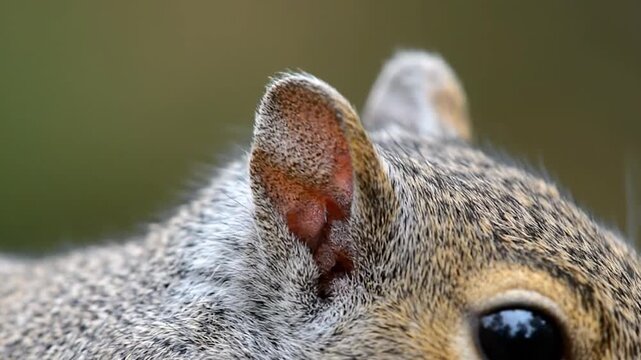 Close-up of a squirrel's head, showing ear detail and fur texture. Eye reflection visible