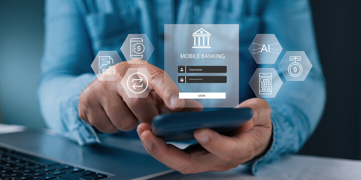 Businessman using smartphone with virtual mobile banking login screen. Digital finance, secure internet transaction, AI technology and e-payment concept for smart modern banking.
