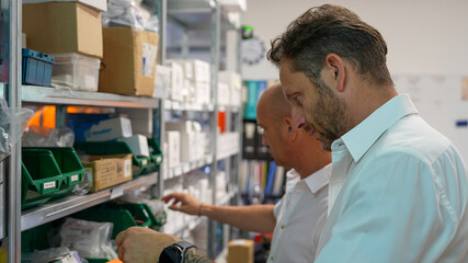 Fototapeta premium Business leaders inspecting stock and supervising warehouse activities with professionalism