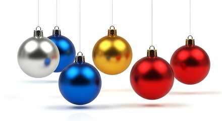 Colorful Christmas ornaments hanging on strings