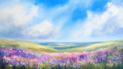 Vibrant wildflower meadow with soft pinks purples and blues under a serene blue sky with fluffy white clouds green rolling hills