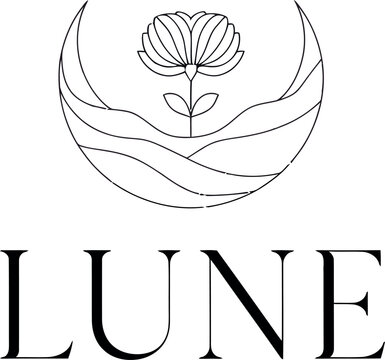 Moon crescent with flower and lines, lune text, stylized line art