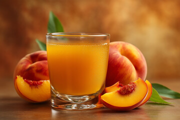 Fototapeta premium Fresh Peach Juice in Glass with Peach Slices - Golden Summer Beverage