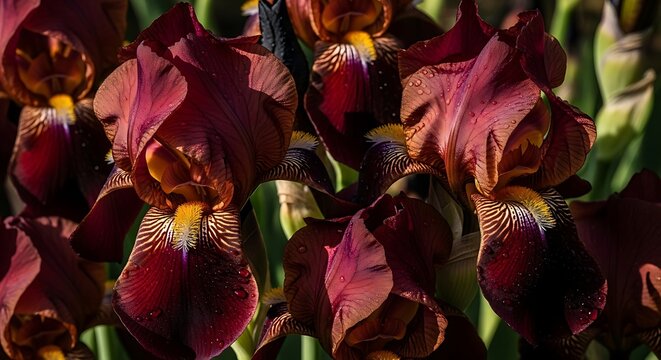 Dark burgundy iris flowers closeup
