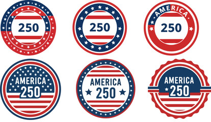 Set of 6 America 250 vector badges with stars and stripes