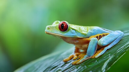 Obraz premium Bright Green Tree Frog on Leaf, High-Resolution Wildlife Macro Photography