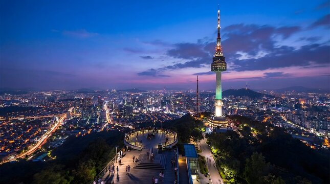 The scene shows a view of the city from Namsan Mountain at night. People walk around while the N Seoul Tower stands tall. The city lights glow as the sky turns dark with clouds