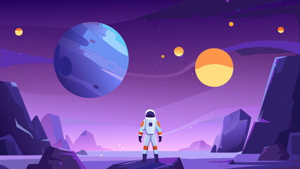 Astronaut exploring an alien planet with planets in the background © Sanjay