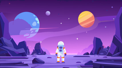 An astronaut stands on a rocky planet gazing at distant planets and stars © Sanjay