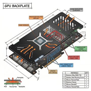 Detailed view of GPU backplate layout showing components and connection points for cooling and power management