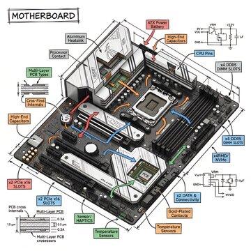 Diagram shows parts and layout of a motherboard with detailed labeling for components and connections in a computer setup