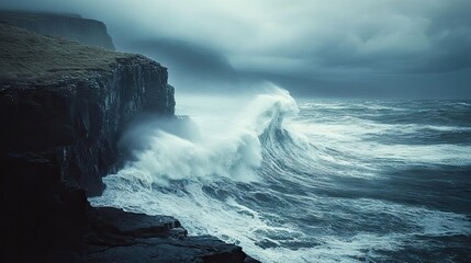 Fototapeta premium Dramatic Coastal Scene with Turbulent Waves Crashing Against Rocky Cliff Under Ominous Skies at Dusk, Capturing the Power of Nature and the Beauty of Untamed Seascape