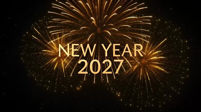 Spectacular golden fireworks explode in the dark night sky, heralding the arrival of 2027 with a vibrant and luxurious New Year celebration. Festive light show and glittering display