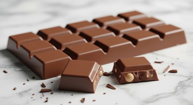 Assorted chocolate bars with broken pieces on a marble surface from a close-up viewpoint