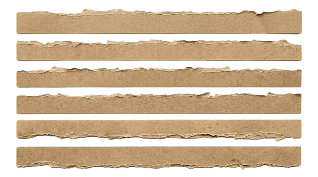 A set of seven horizontal strips of brown kraft paper with rough torn edges, arranged in parallel on an isolated background.