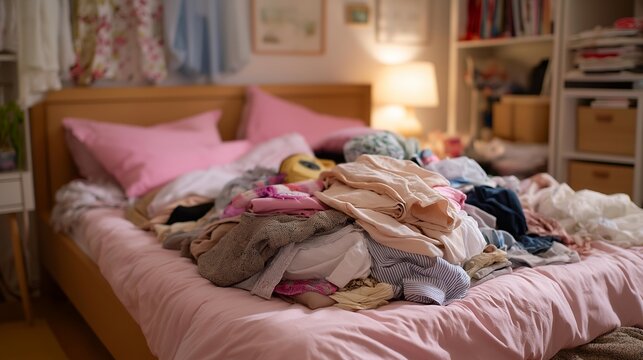 Overflowing wardrobe with excessive clothing and accessories spilling onto a bedroom floor, perfect for gluttony and greed sin concept, fast fashion overconsumption, material excess, modern society