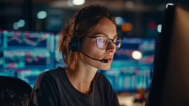 Woman wearing a headset working on computer screens with financial charts at night. This customer support and trading scene shows a focused broker monitoring data in a dark office.