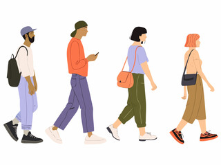 Fototapeta premium A diverse group of people walking in a minimalist stylized illustration
