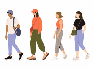 Fototapeta premium Four fashionable women walking in a minimalist contemporary style illustration