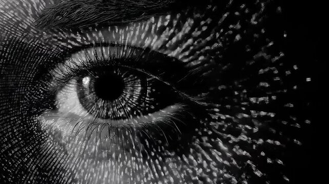 Artificial intelligence eye connection with digital binary codes for futuristic vision and technological progress
