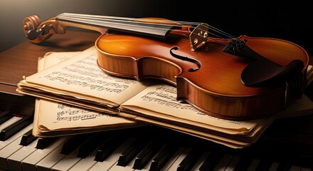 Fototapeta premium Violin on sheet music and piano keys illuminated by warm light