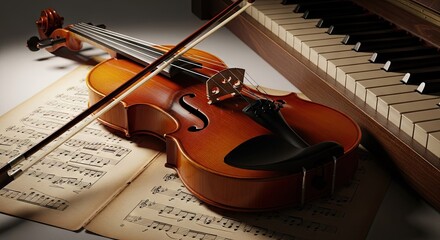Fototapeta premium Violin on sheet music near piano with selective focus and warm lighting