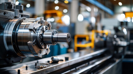 Fototapeta premium Faceless workers working lathe machine on factory floor, industrial manufacturing, metalworking operations, precision machining, production environment, with copy space
