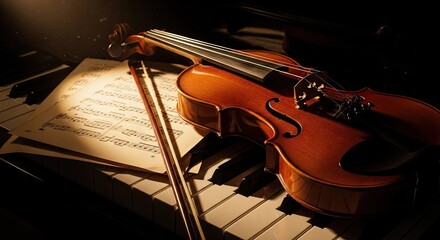Fototapeta premium Violin on sheet music with bow overhead view classic instrument detail