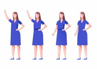 Fototapeta premium Four identical women in blue dresses raising hands in different poses