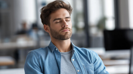 Obraz premium Faceless young male meditating in office setting with eyes closed and relaxed, workplace mindfulness, professional meditation, with copy space
