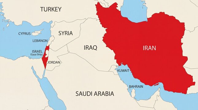 Minimalist vector-style political map of the Middle East featuring Turkey, Cyprus, Lebanon, Syria, Israel with Gaza Strip, Jordan, Iraq, Iran, Kuwait, Bahrain, and Saudi Arabia with correct coastlines