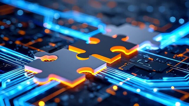 Puzzle pieces on glowing circuit board