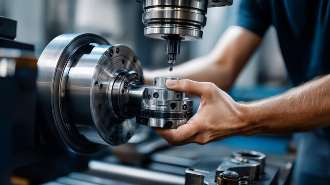 Faceless precision machinist adjusting CNC lathe in metal workshop, featuring craftsmanship and industrial accuracy, metalworking expertise, precision manufacturing, with copy