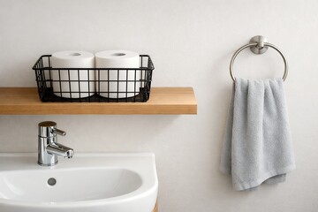 清潔感のある洗面所に設置された木製棚と黒いワイヤーバスケットに入ったトイレットペーパー