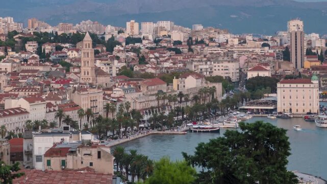 Day to night aerial time lapse old town Split, Croatia.
