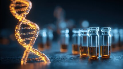 Glowing golden DNA double helix and laboratory vials on dark background, concept of biotechnology and genetic research